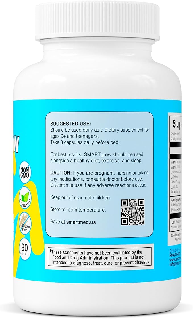 SMARTGROW 5-in-1 Premium Maximum Height Growth for Kids & Teenagers - Calcium, Vitamin D3, Amino Acids - Sleep Aid, Immunity Support, Brain Health, Bone Strength, Eye Protection 90 Capsules