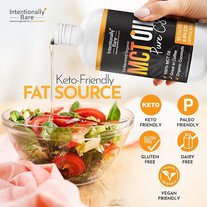 Intentionally Bare Pure C8 MCT Oil Organic - Brain Octane C8 MCT Oil for Clean Energy, Keto Paleo and Vegan Diet - Unflavored Brain Octane for Coffee, Shakes and Salads - Coconut MTC 16oz