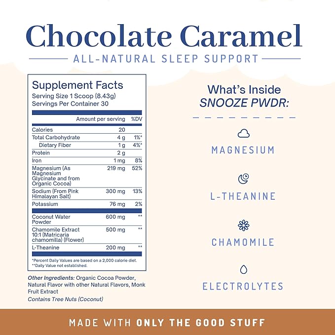 PWDRS Snooze Sleepy Time Hot Chocolate | All Natural Sleep Support | Magnesium Glycinate, L Theanine, Chamomile, Electrolytes | 20 Calories, Non GMO | Chocolate Caramel
