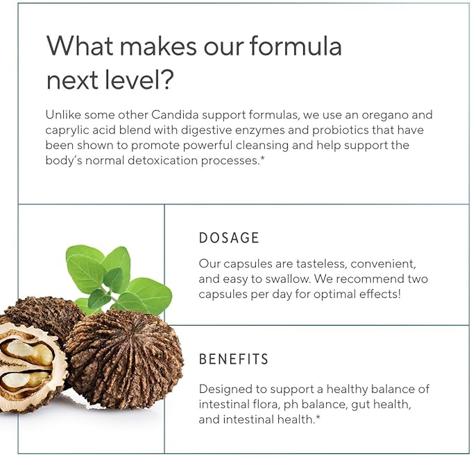 Premium Candida Cleanse Supplement – Candida Support Supplement with Oregano, Caprylic Acid, Black Walnut & Probiotics – Supports Gut Health, Digestion & Intestinal Flora - 60 Candi Support Capsules