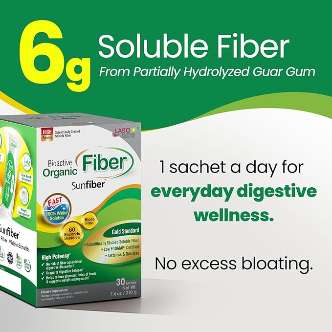LABO Nutrition Bioactive Organic Fiber – Sunfiber PHGG Soluble Prebiotic Fiber for Digestive Regularity & Gut Health – Partially Hydrolyzed Guar Gum, Low FODMAP, Unflavored, Vegan, Non-GMO, 30 Sachets