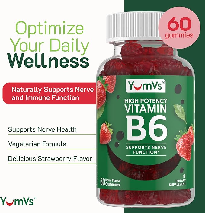 YUM-V'S Vitamin B6 Gummies - High Potency Vitamin B6 100mg - Strawberry Flavor B6 Vitamins Gummies - Nerve & Immune Function, Non GMO Kosher, 60 Count