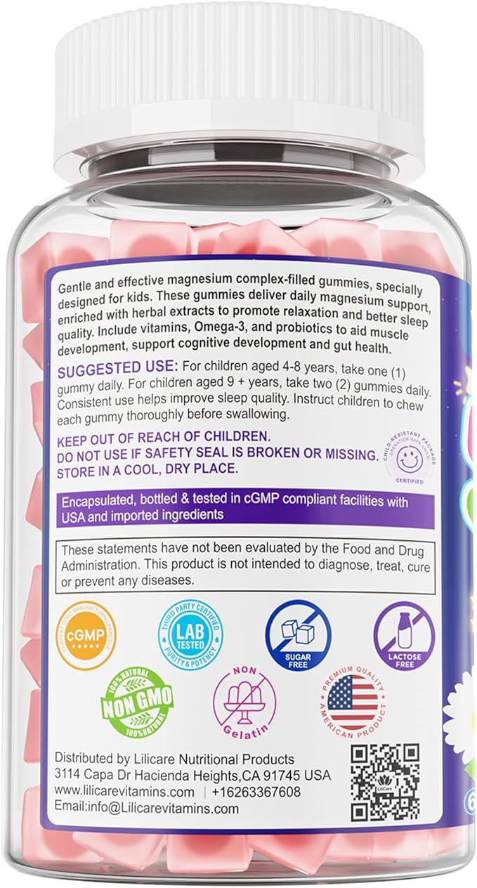Magnesium Glycinate Gummies for Kids 4+ & Magnesium Citrate, Melatonin Free-Kids Magnesium Supplement w/L-Theanine, Omega 3, D3 K2, B6 B12, for Zzz, Relaxation, Muscle, Brain & Gut, Sugar Free 60 Cts