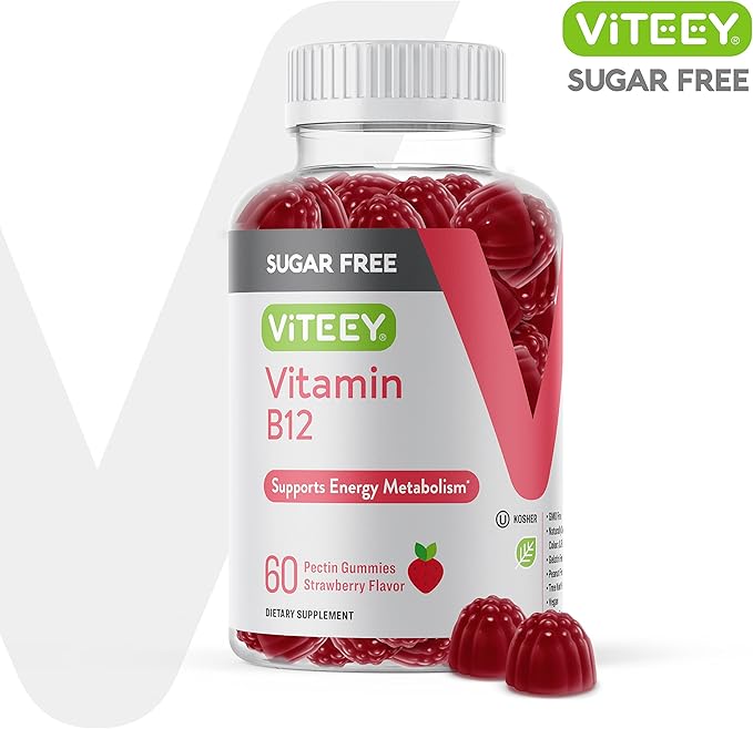 Vitamin B12 Gummies for Adults & Teens 1000mcg, Sugar Free - Good for Energy, Metabolism, Natural Energy Support - Vegan, Gelatin Free, Gluten Free, GMO Free - Tasty Chewable Strawberry Flavored Gummy