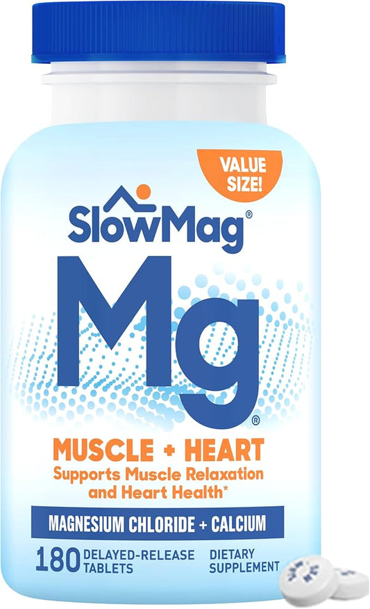 SlowMag Muscle + Heart Magnesium Chloride with Calcium Supplement to Support Muscle Relaxation, Occasional Muscle Cramping & Heart Health, High Absorption, 180 Count