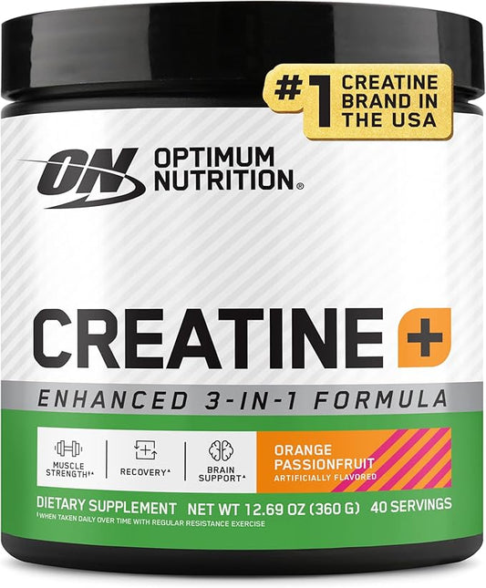 Optimum Nutrition Creatine Monohydrate Plus Powder, Orange Passionfruit Flavored Creatine Performance Blend With Electrolytes for Hydration, Added Vitamins, 40 Servings, 360 Grams (Packaging May Vary)