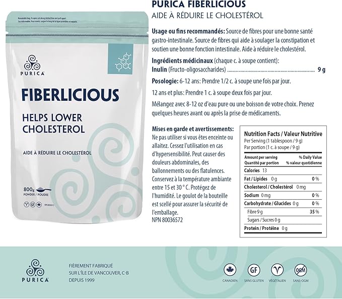PURICA Fiberlicious Chicory Root Fibre 800g - Fiberlicious Fibre Supplement Powder is 100% Pure Chicory Root Extract (Oligosaccharides) - Pure Inulin!