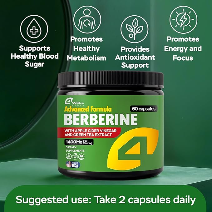 Advanced Berberine HCL Supplement 1400mg Complex - Triple-Strength Blend with Apple Cider Vinegar & Green Tea Extract - Body Composition Support, Digestive Health, Support Heart Health, Immune System