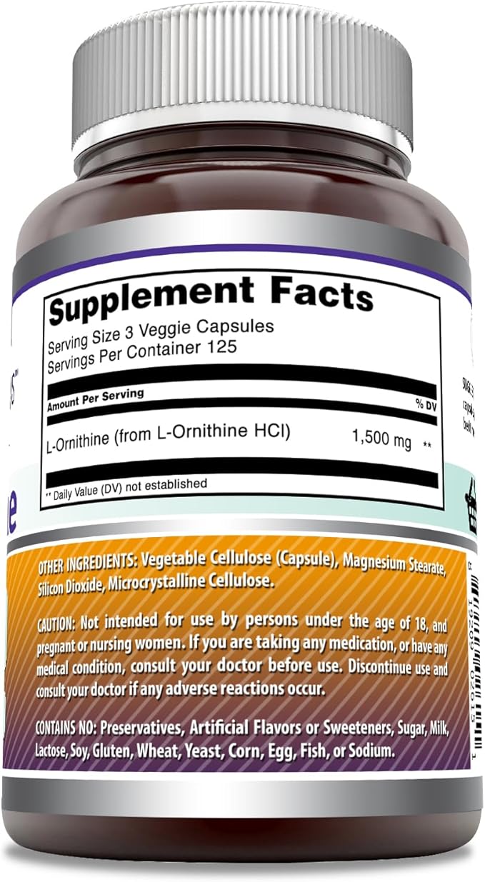Amazing Formulas L-Ornithine Supplement | 1500 Mg Per Serving | 250 Veggie Capsules | Non-GMO | Gluten Free | Made in USA