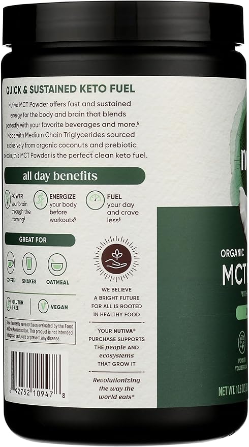 Nutiva Organic MCT Powder with Prebiotic Acacia Fiber, Classic, 10.6 Oz, USDA Organic, Non-GMO, Non-BPA, Vegan, Gluten-Free, Keto & Paleo, Instant Beverage or Boost to Coffee & Smoothies