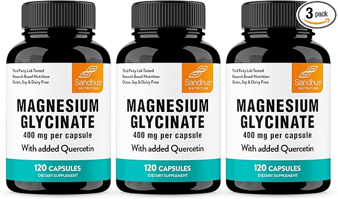 Magnesium Glycinate 400mg Capsules with Quercetin | Quality Sleep, Relaxation, Muscle, Bone Health & Immune Support | 120 Count (Pack of 3) | Easy to Swallow | for Women and Men