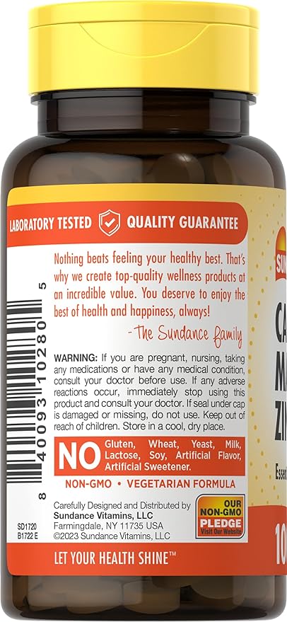 Sundance Calcium Magnesium Zinc | 100 Caplets | Essential Mineral Supplement | Vegetarian, Non-GMO, and Gluten Free Formula