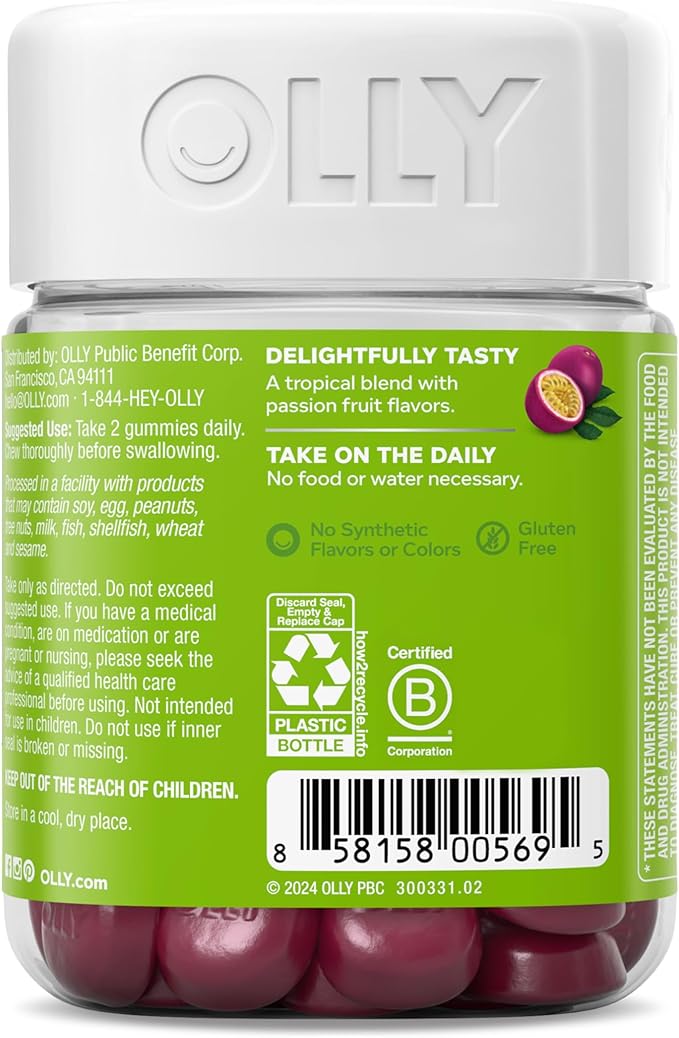 OLLY Daily Energy Gummy, Caffeine Free, Vitamin B12, CoQ10, Goji Berry, Adult Chewable Supplement, Tropical Flavor - 60 Count (Pack of 2)