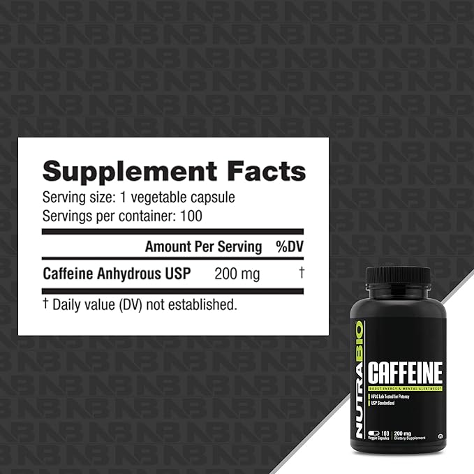 NutraBio 100% Pure Caffeine Capsules (100 Capsules)