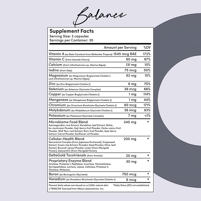 Tranont Balance | 90 Count | Multi-Mineral & Vitamin Capsules for Adults | Vitamin C, A, and E Magnesium, Zinc, Calcium, and Iodine | Boosts Immunity, Energy, and Digestion | Gluten Free, Vegetarian