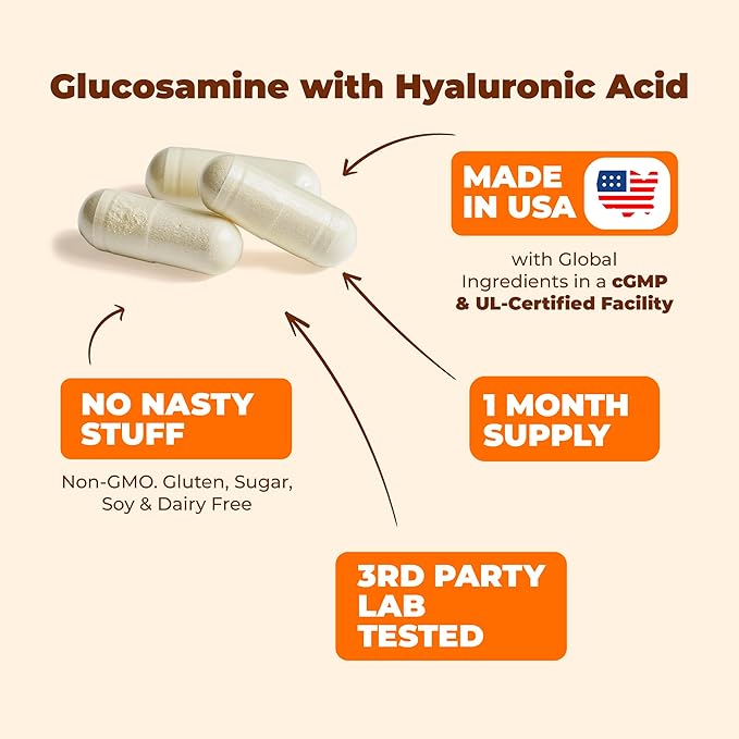 Glucosamine Sulfate with Hyaluronic Acid, Bioperine, MSM & Boswellia. 5-in-One Joint Support Supplement. Antioxidant & Inflammatory Support - Joint Health, Flexibility and Comfort. 60 Capsules