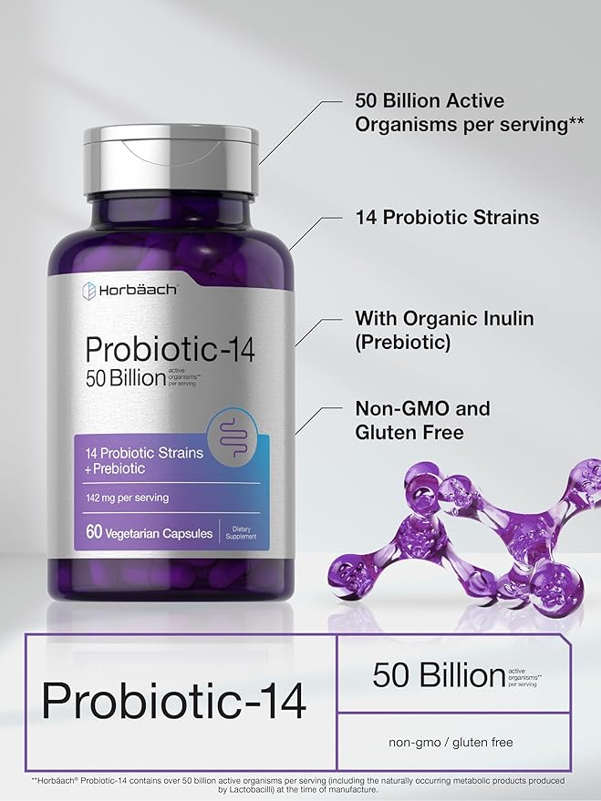 Horbaach Probiotics for Women and Men | 60 Capsules | 14 Probiotic Strains with Prebiotic | 50 Billion Active Organisms | Non-GMO & Gluten Free Supplement