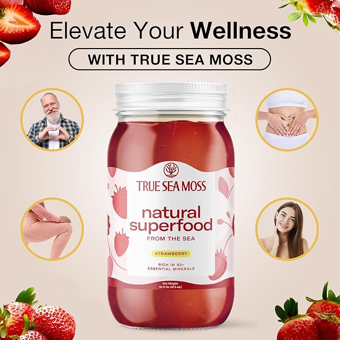 TrueSeaMoss Sea Moss Gel – Made in USA – Wildcrafted Seamoss, Fresh Fruits & Sea Vegetables – Strawberry, Pack of 5 (Labels may Vary)