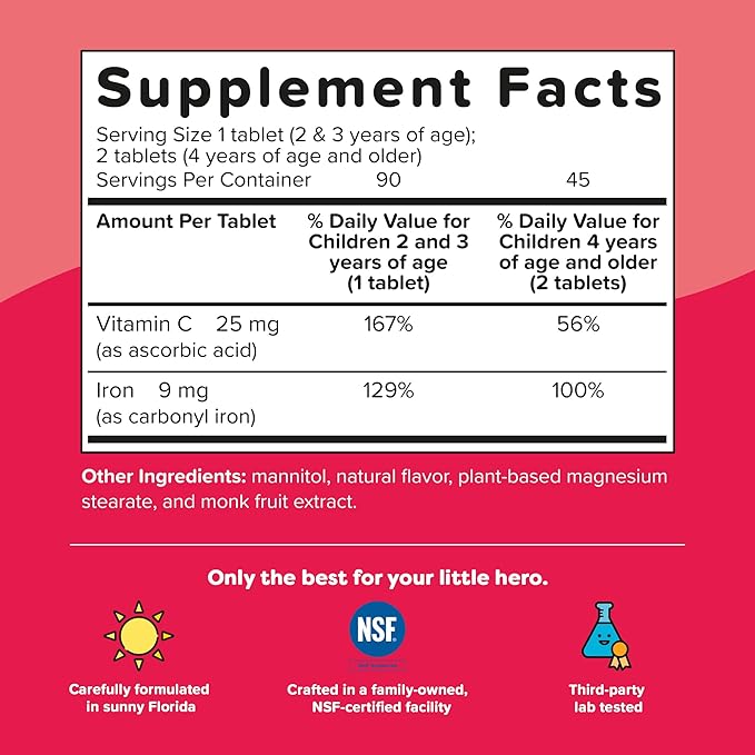 Renzo's Iron Supplements for Kids, Dissolvable Vegan Iron Supplement with Vitamin C, Sugar Free, Oh-Oh-Oh Orange Flavor, 90 Melty Tabs