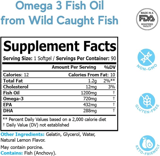 Sea-Harvested Pelagic Omega-3 Fish Oil for Heart Health, Eyes and Joint Support - 1200mg, 90-Day Supply - High Potency EPA DHA Fatty Acids - Lemon Flavor Anchovy Fish Oil - 90 Softgels