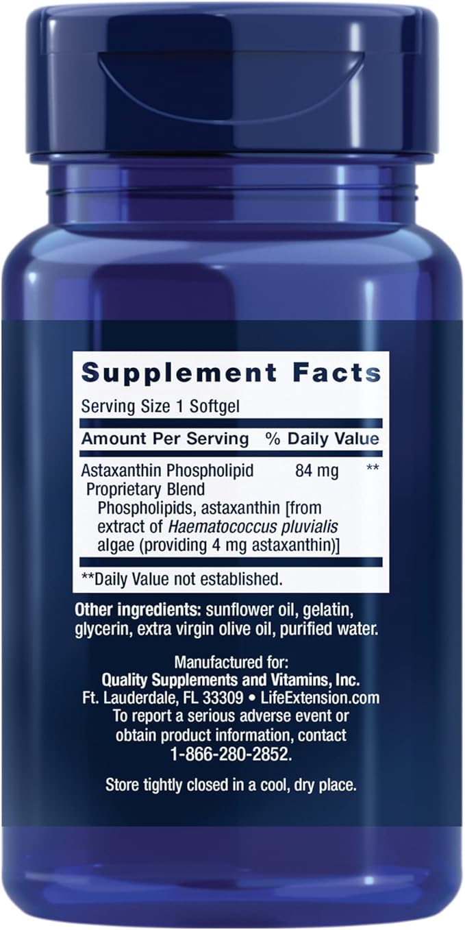 Life Extension Astaxanthin with Phospholipids 4 mg - For Eye & Heart Health + Metabolic & Cardiovascular Health - Supports Inflammatory & Immune Response - Gluten Free, Non-GMO - 30 Softgels