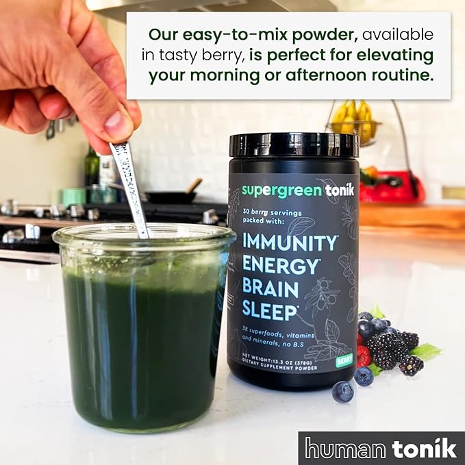 100% Natural Greens Superfood Powder – Daily Supplement with 38 Superfoods, Vitamins and Minerals – Supports Energy, Stress and Immunity – 30 Days 360 Grams Berry Flavor (1 Tub)