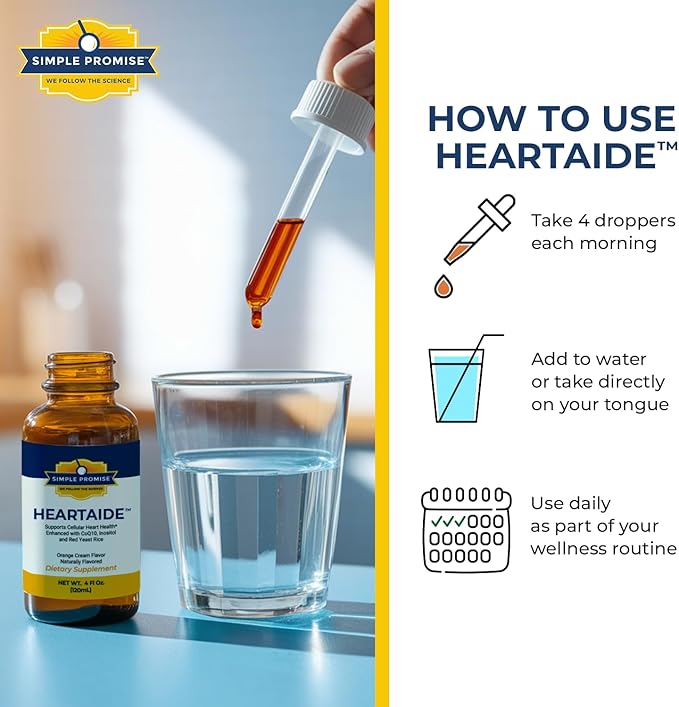 Simple Promise HeartAide - Heart Health Supplement - Red Yeast Rice with CoQ10 (200mg & 100mg) & Inositol - Liquid Drops for Cholesterol & Cardiovascular Support - 4 fl oz, Orange Cream Flavor