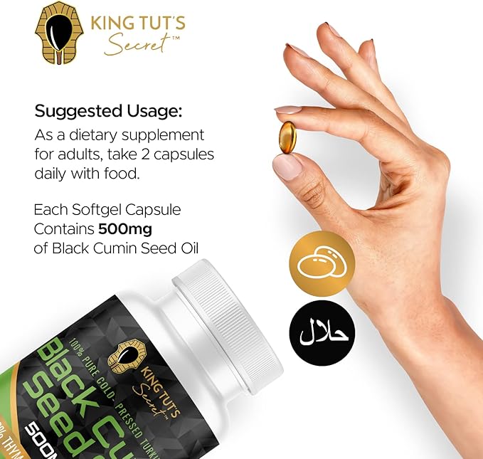 KING TUT'S SECRET Black Seed Capsules - 500 mg 100 Softgels - Nigella Sativa Extract, Black Cumin Supplement for Hair, Antioxidant Support, Immune System - Halal Black Seed Cumin Oil Capsules