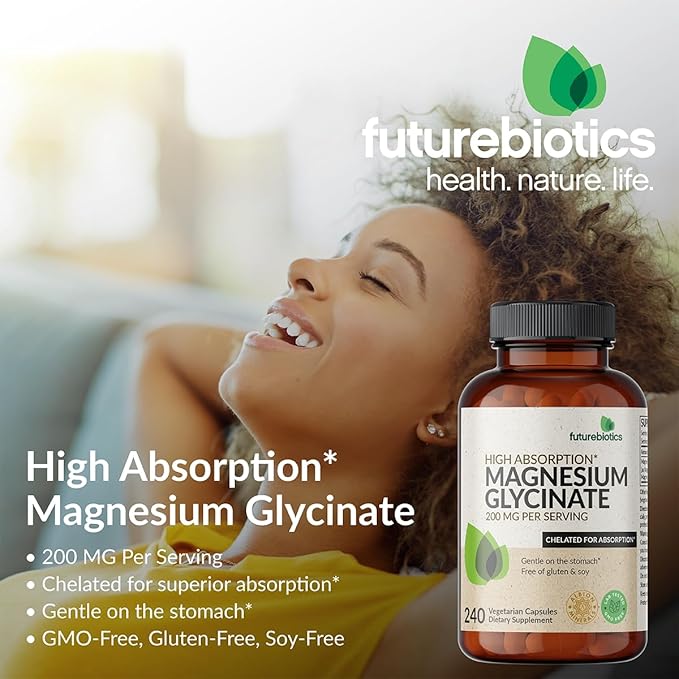 Futurebiotics Magnesium Glycinate 200 MG per Serving Chelated for High Absorption, Gentle On Stomach, Non-GMO, 120 Vegetarian Capsules
