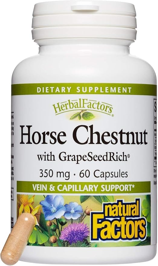 HerbalFactors by Natural Factors, Horse Chestnut, Antioxidant Support for a Healthy Circulatory System and Veins with GrapeSeedRich, 60 capsules (60 servings)