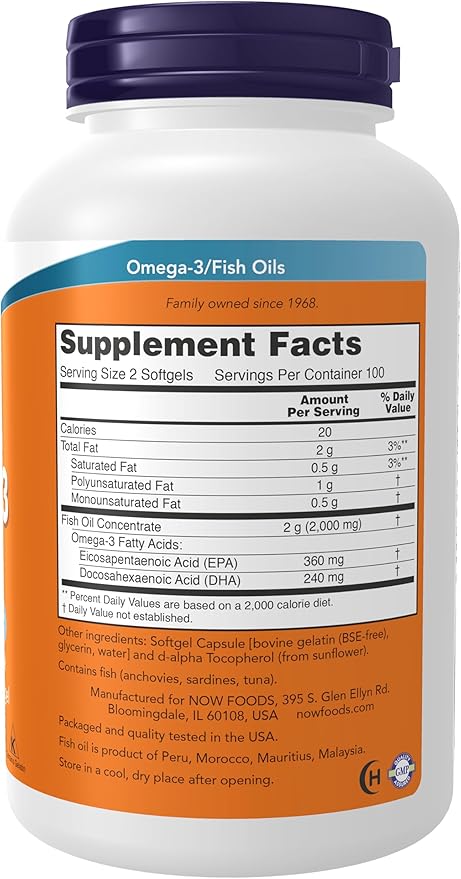NOW Foods Supplements, Omega-3 180 EPA / 120 DHA, Molecularly Distilled, Cardiovascular Support*, 200 Softgels