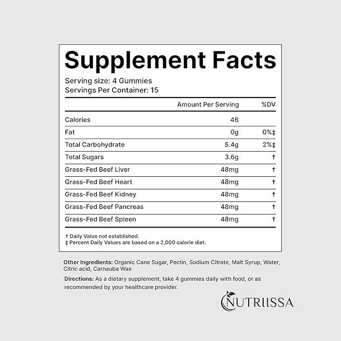 Nutriissa Beef Organ Gummies – Grass-Fed Organ Blend for Nutrient-Rich Support – Liver, Heart, Kidney, Pancreas & Spleen – EPEB Certified – 60 Lemon Flavored Gummies