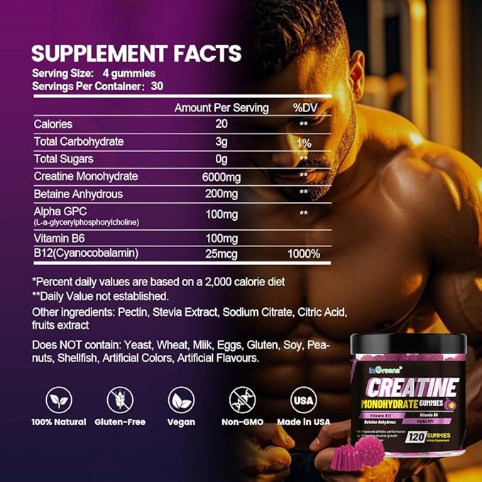 Creatine Monohydrate Gummies 6g for Men & Women, Potent Creatine Supplement, Chewables Creatine for Energy Boost, Increase Strength and Build Muscle, Gluten-Free, Sugar Free,120 Count