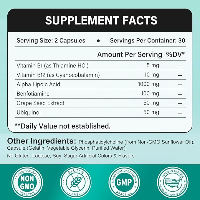 Alpha Lipoic Acid 1200mg - ALA Supplement,Promote Antioxidant for Nerve, Energy and Metabolism,with Benfotiamine, Vitamins B1/B12,60 Capsules