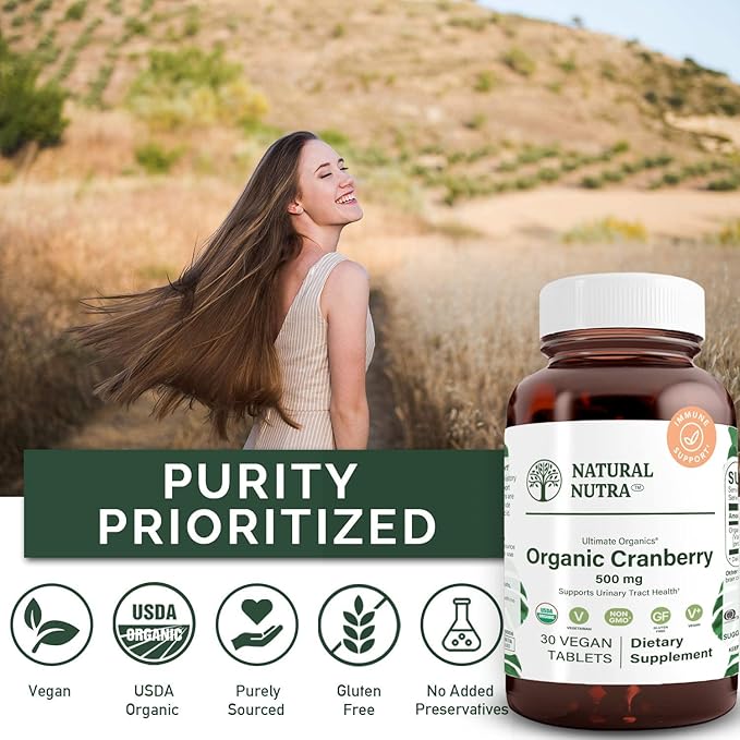 Natural Nutra Organic Cranberry Extract Supplement, Help Prevent Urinary Ailment, Promotes Bone Health, Help Maintain Heart Health, Improve Digestion, Promote Skin Health, 30 Tablets, One Month Supply