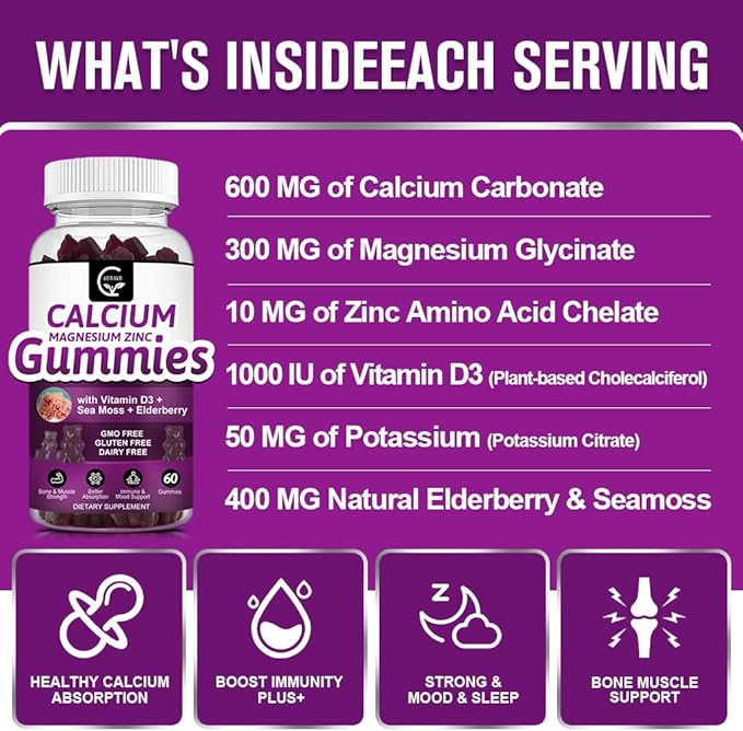 Calcium Magnesium Zinc Gummies with High Absorption Magnesium Glycinate Potassium - Plant Complex Calcium Magnesium 2:1 Ratio, with D3 Sea Moss for Bone, Muscles, Immune & Sleep Support, Vegan-2 Pack