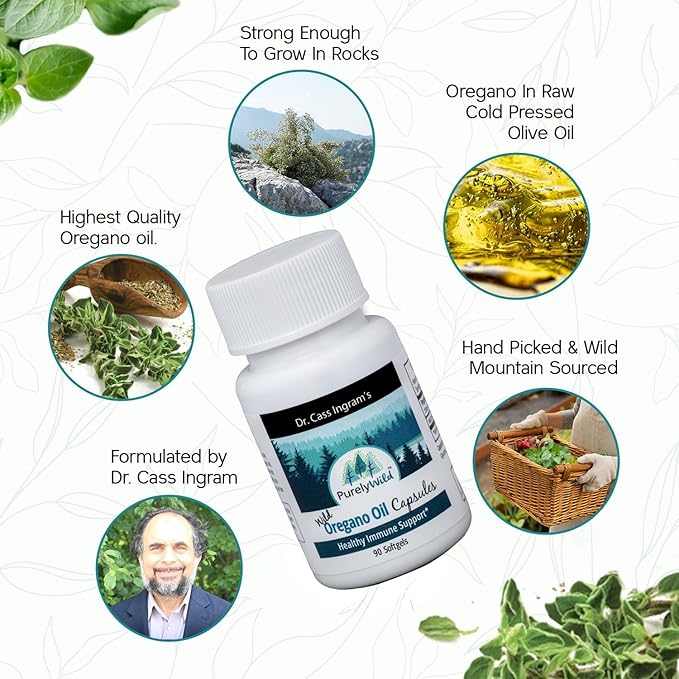 PURELY WILD Dr. Cass Ingram's Oregano Oil Gelcaps - 90 Softgels - Immune System Support - Unprocessed, Wild Mediterranean Oregano - Mountain Sourced - Non-GMO - 90 Servings