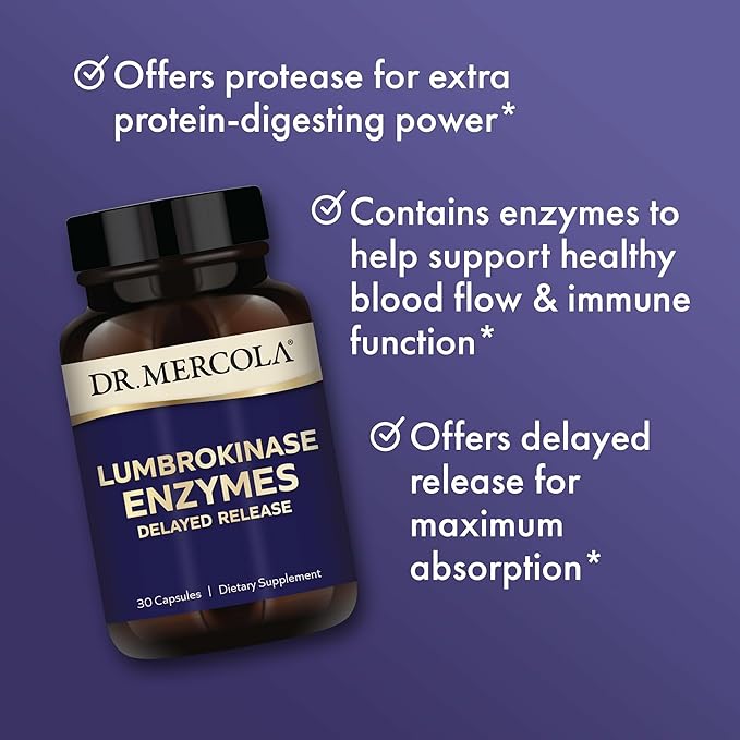 Dr. Mercola Lumbrokinase Enzymes - Delayed Release Formula - Dietary Supplement for Cardiovascular & Energy Support - Non-GMO, Gluten-Free & Soy-Free - 30 Capsules (30 Servings)