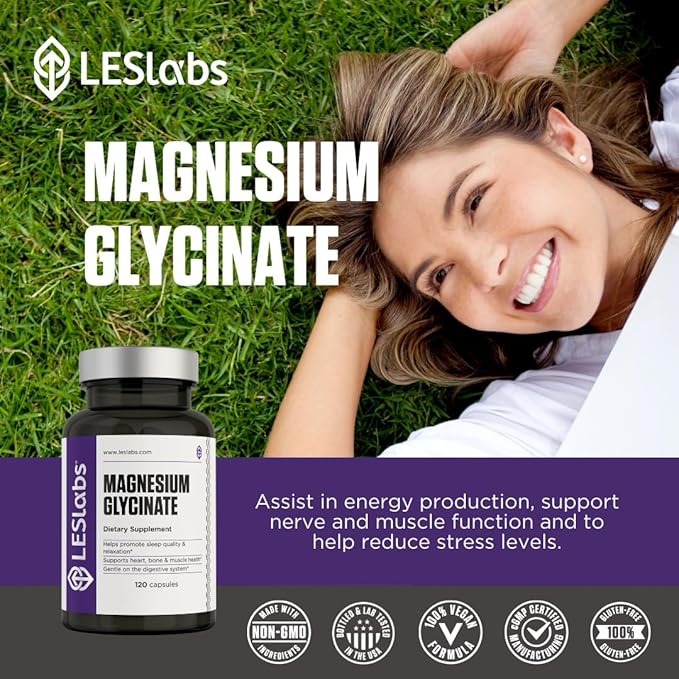 LES Labs Magnesium Glycinate – Supports Restful Sleep, Heart Health, Stress Relief, Metabolism, Nerve & Muscle Function, Gentle on The Digestive System – Non-GMO Supplement – 120 Capsules