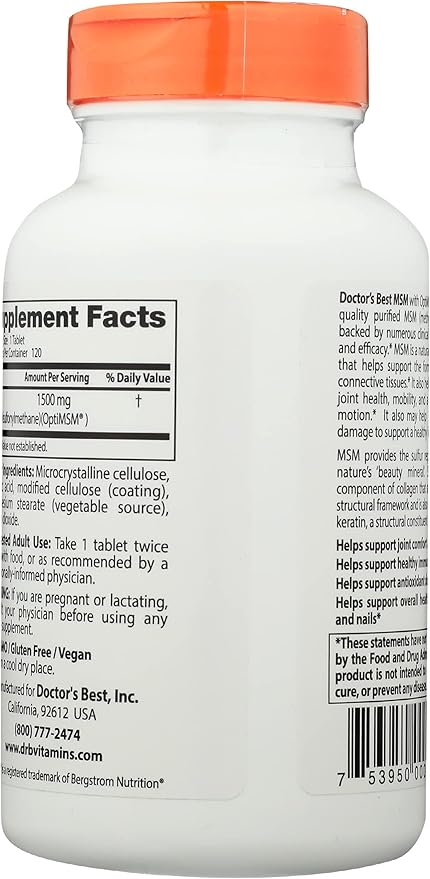 Doctors Best MSM with OptiMSM 1500mg, Vegan Friendly, Gluten Free & Non-GMO, 120 Tablets (Pack of 1)