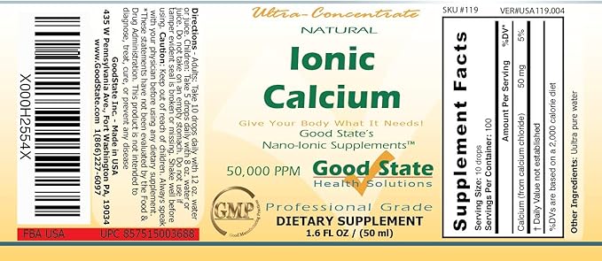 Good State | Natural Ionic Calcium | Liquid Concentrate | Nano Sized Mineral Technology | Professional Grade Dietary Supplement | Supports Healthy Bones, Tendons & Ligaments | 1.6 Fl oz Bottle (50 mL)