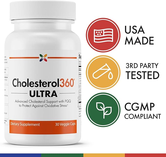 Stop Aging Now - Cholesterol360 Ultra - Heart Health, Blood Vessel and Cholesterol Supplements - with PQQ, Vitamin C, Bergamonte Citrus Extract, Green Tea Extract and Grape Seed Extract - 30 Vcaps