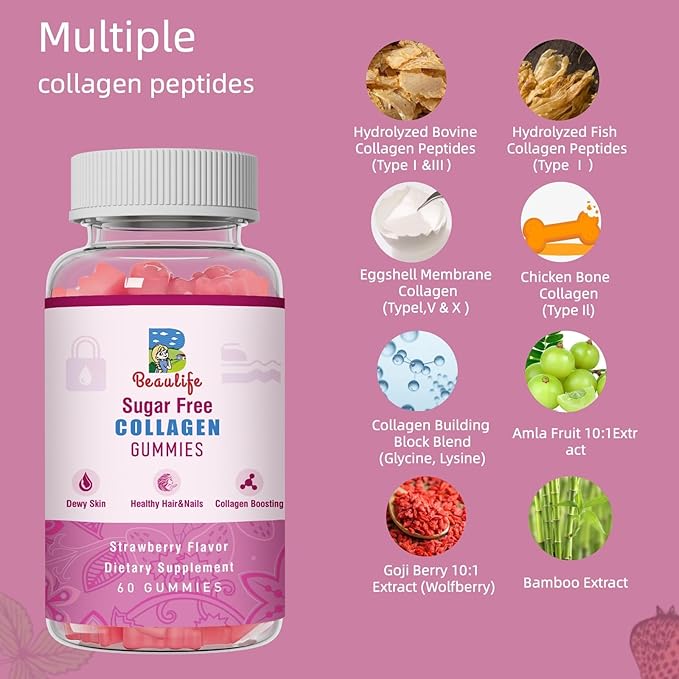 Collagen Gummies, with Biotin,Bamboo, Hydrolyzed Collagen Peptides Supplement, for Healthy Skin Support, 60 Gummies,Strawberry Flavor