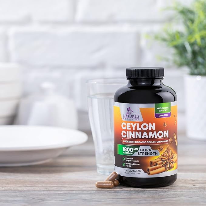 Organic Ceylon Cinnamon Supplement 1800mg - Certified Organic Ceylon Cinnamon Powder Pills - Energy & Heart Support for Women & Men, Bottled in USA, Antioxidant, Gluten Free, Non-GMO - 240 Capsules
