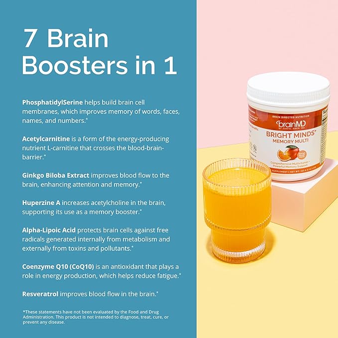 Dr Amen BrainMD Bright Minds Memory Multi, Orange Mango Flavor - 5.4 oz Powder - Multivitamin & Memory Support - Gluten Free, Sugar Free - 30 Servings