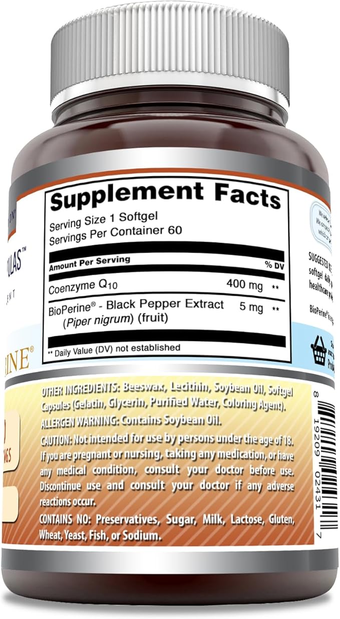 Amazing Formulas CoQ10 with Bioperine Supplement | 400 Mg Per Serving | 60 Softgels | Non-GMO | Gluten Free | Made in USA