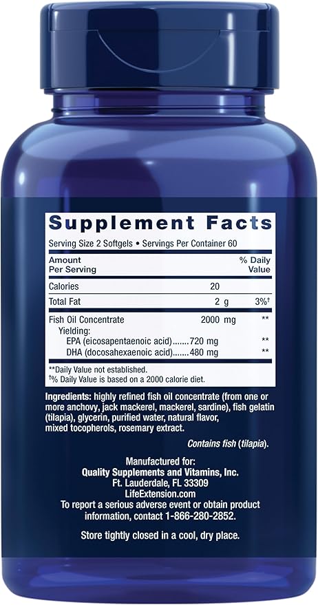 Life Extension Mega EPA/DHA, Omega-3 Fatty acids, Heart & Brain Health, Non-GMO, Gluten-Free, 120 softgels