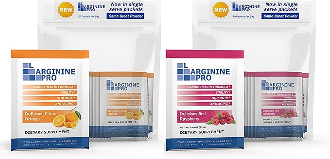 L-ARGININE PRO Supplement Powder | 60 Packets Single Serve Travel Size | 5,500mg of L-arginine Plus 1,100mg L-Citrulline, Raspberry & Orange