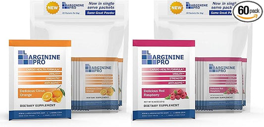 L-ARGININE PRO Supplement Powder | 60 Packets Single Serve Travel Size | 5,500mg of L-arginine Plus 1,100mg L-Citrulline, Raspberry & Orange