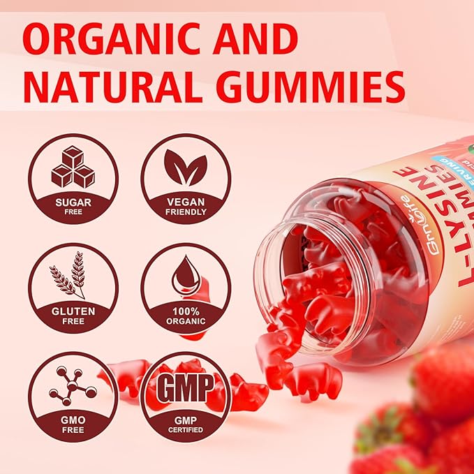 2 Pack L-Lysine 1000mg Gummies, Chewable Lysine Supplement for Adults & Kids, Essential Amino Acid Supplement for Immune Support, Collagen Formation Support, Strawberry, 120 Count